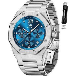 Olevs Men's Silver-Blue Stain Steel Analog Luminous Waterproof Easy Wear Watch